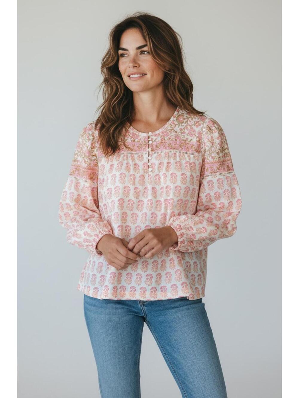 Point Sur by J. Crew Long Sleeve Peach Floral and Paisley Patterned Blouse